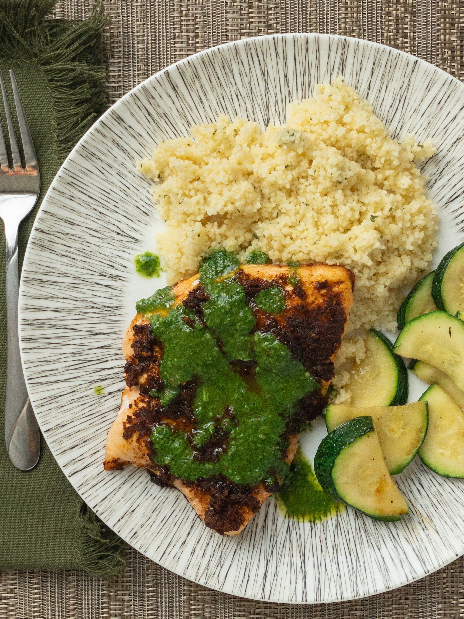 Salmon with chili honey rub and basil chimichurri sauce