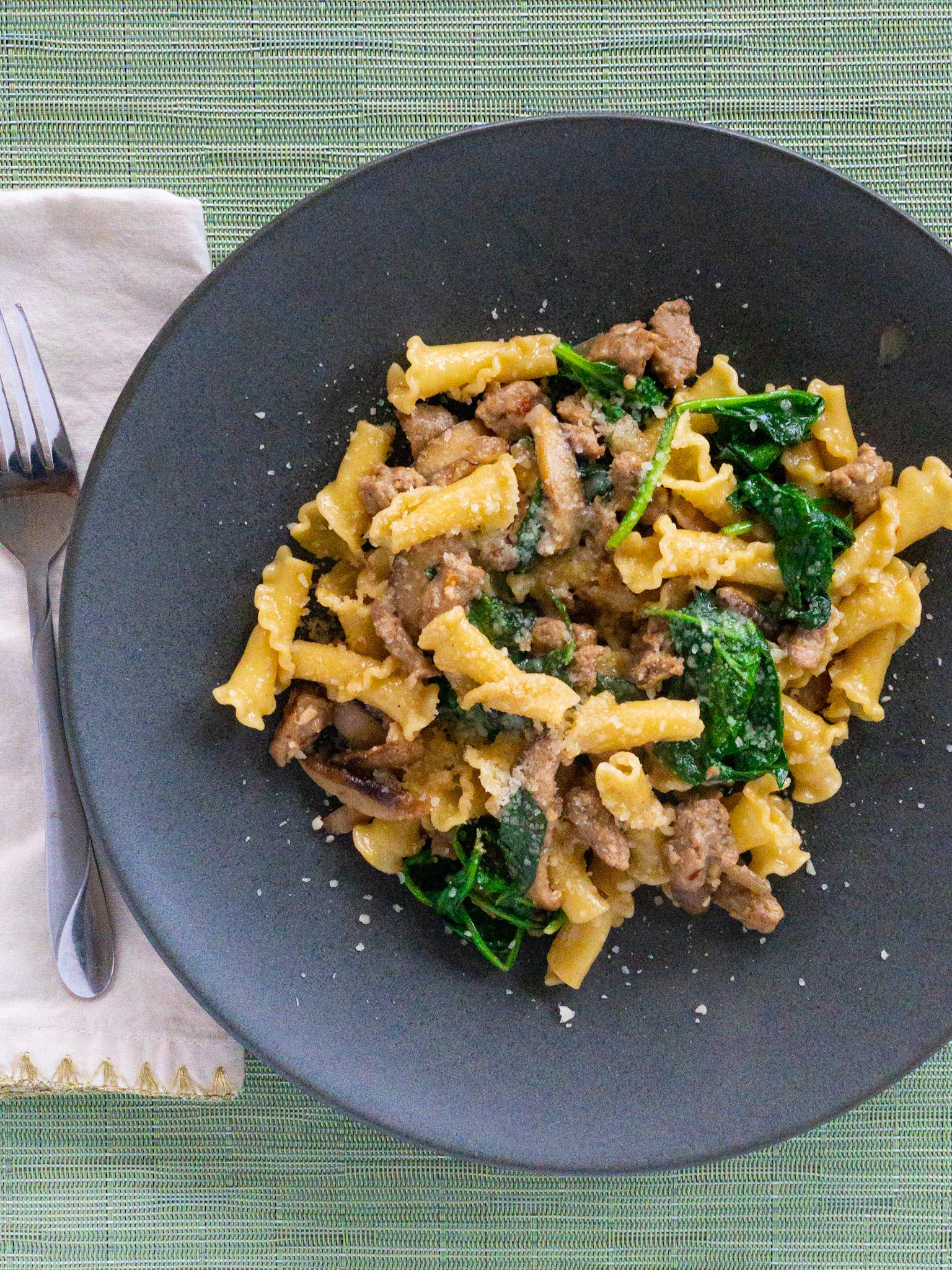 Pasta with Sausage, Mushrooms and Spinach - Sauté By The Bay